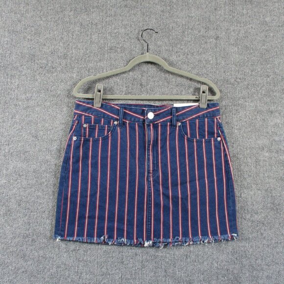 American Eagle Outfitters Dresses & Skirts - American Eagle Skirt Womens 12 Blue Red Striped Denim Jean Mini Stretch Raw Edge